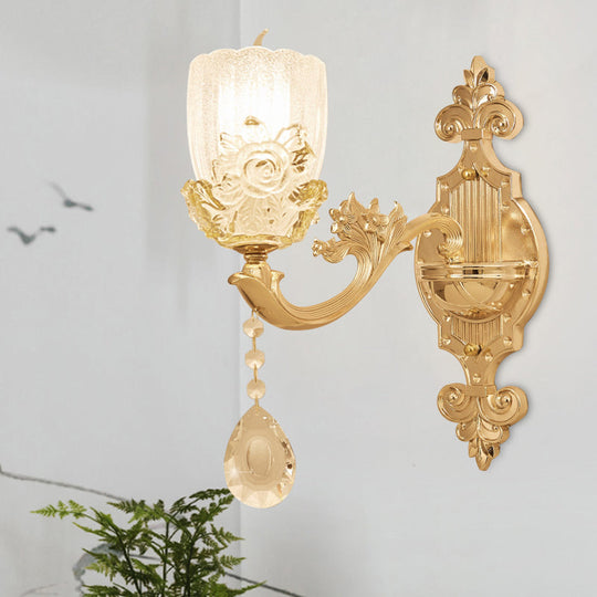 Clear Crystal Floral Shade Wall Lamp - Traditional Brass Sconce Light With Curvy Arm 1/2-Head