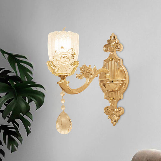 Clear Crystal Floral Shade Wall Lamp - Traditional Brass Sconce Light With Curvy Arm 1/2-Head