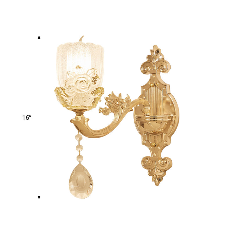 Clear Crystal Floral Shade Wall Lamp - Traditional Brass Sconce Light With Curvy Arm 1/2-Head