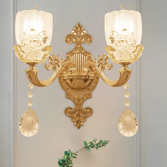 Clear Crystal Floral Shade Wall Lamp - Traditional Brass Sconce Light With Curvy Arm 1/2-Head