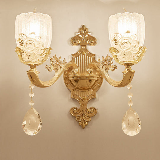 Clear Crystal Floral Shade Wall Lamp - Traditional Brass Sconce Light With Curvy Arm 1/2-Head