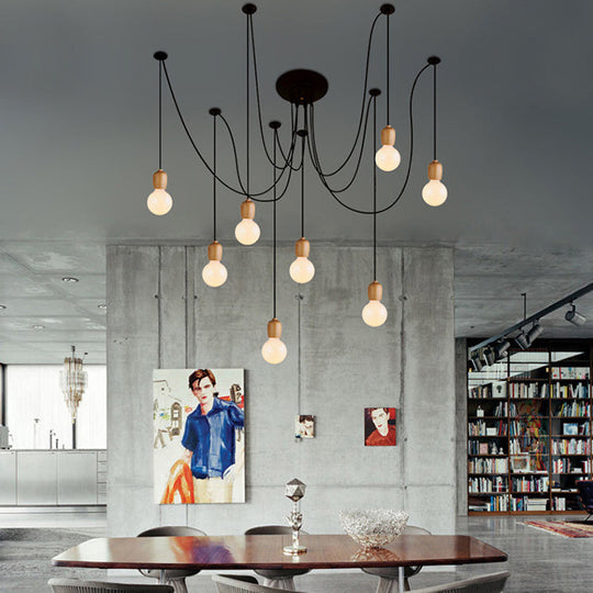 Industrial Wood Dining Room Pendant Lamp With Exposed Bulb And Swag Design