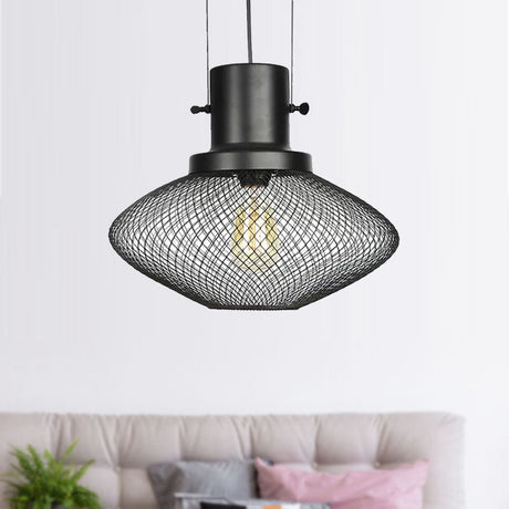 Industrial Metal Pendant Light - Mesh Cage 1-Light Black Shade Living Room Hanging Lamp