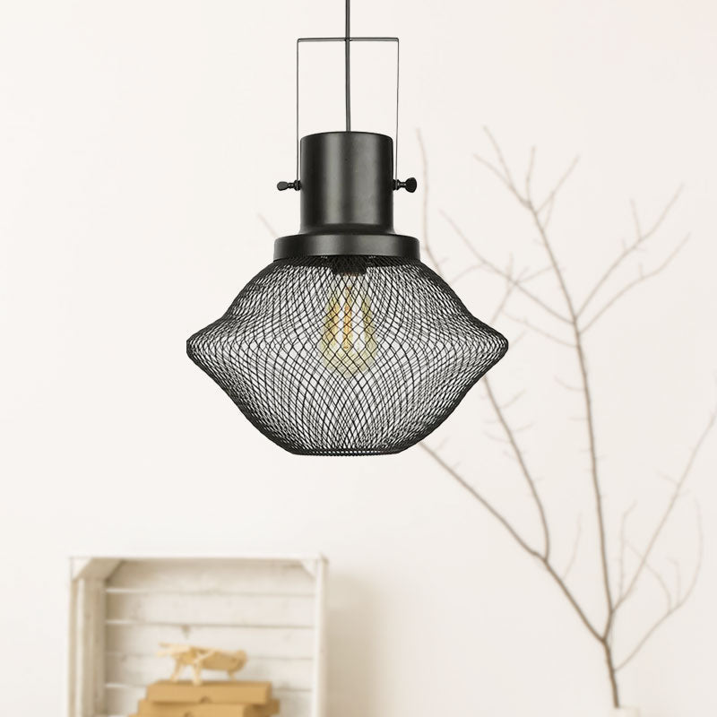 Industrial Mesh Cage Pendant Light - Black Metal Single Lamp For Living Room Hanging With Shade