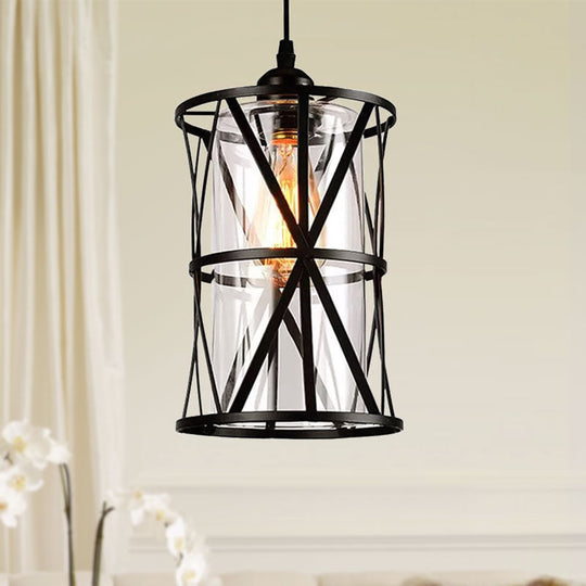 Cylinder Glass Pendant Light In Black With Industrial Iron Frame