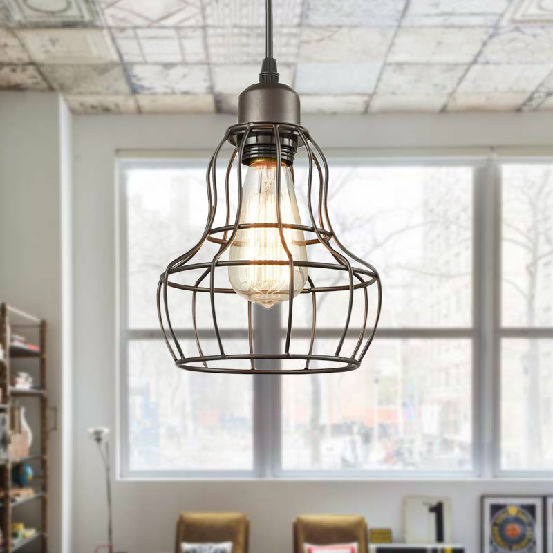 Bronze 1 Light Industrial Metal Wire Cage Pendant Lamp For Bedroom - Hanging Fixture