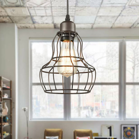 Bronze 1 Light Industrial Metal Wire Cage Pendant Lamp For Bedroom - Hanging Fixture