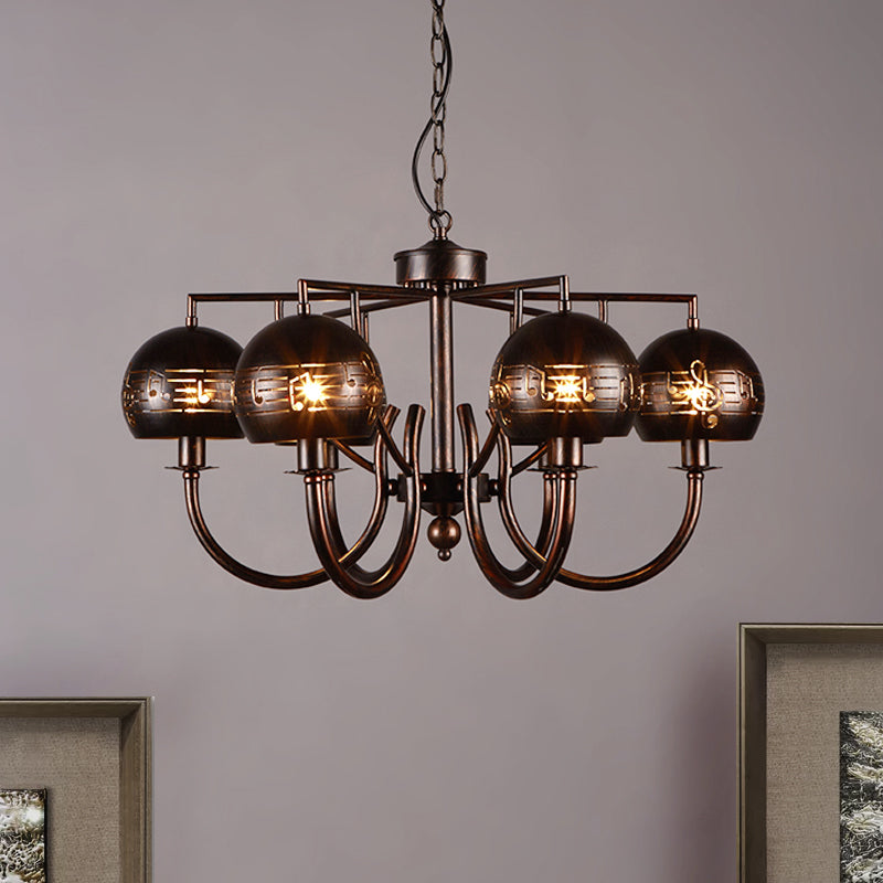 Vintage-Inspired 6-Light Rust Pendant Chandelier With Musical Note Metalperfect For Restaurants