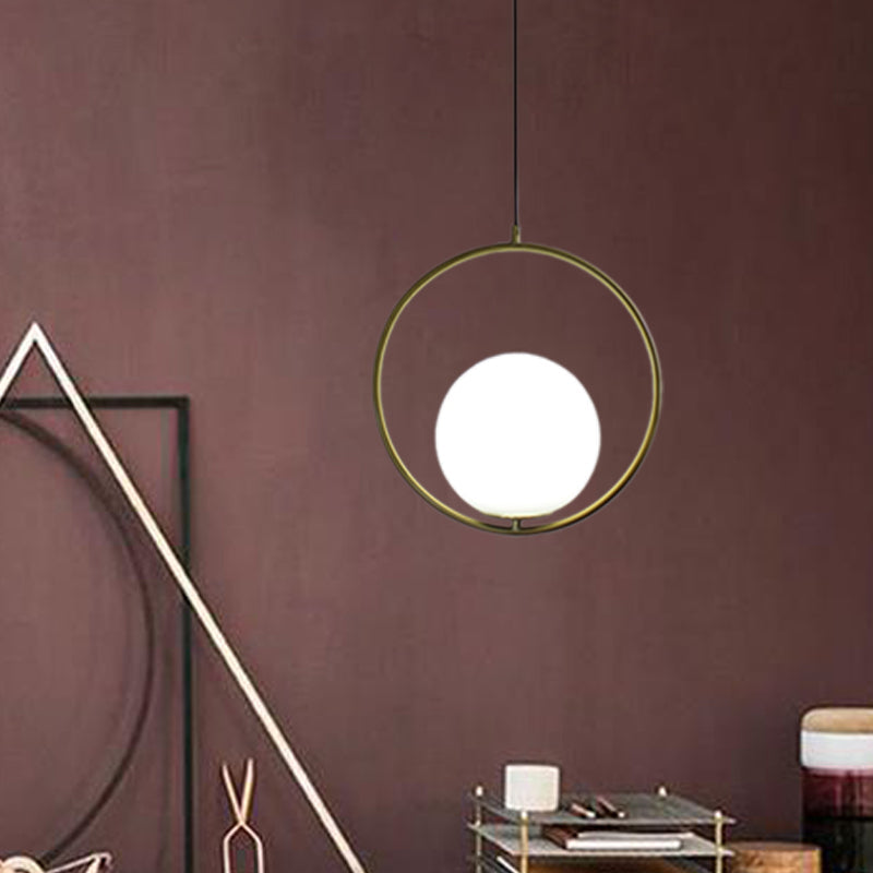 Retro Industrial Gold Suspension Light - Head Ring Pendant With Opal Glass Shade 12’/14’ Width