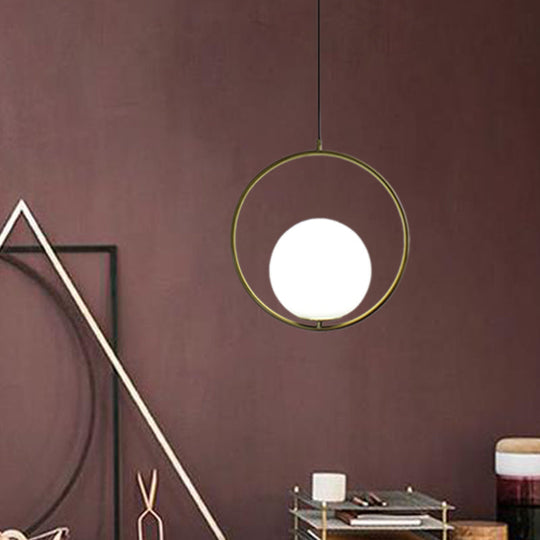 Retro Industrial Gold Suspension Light - Head Ring Pendant With Opal Glass Shade 12’/14’ Width