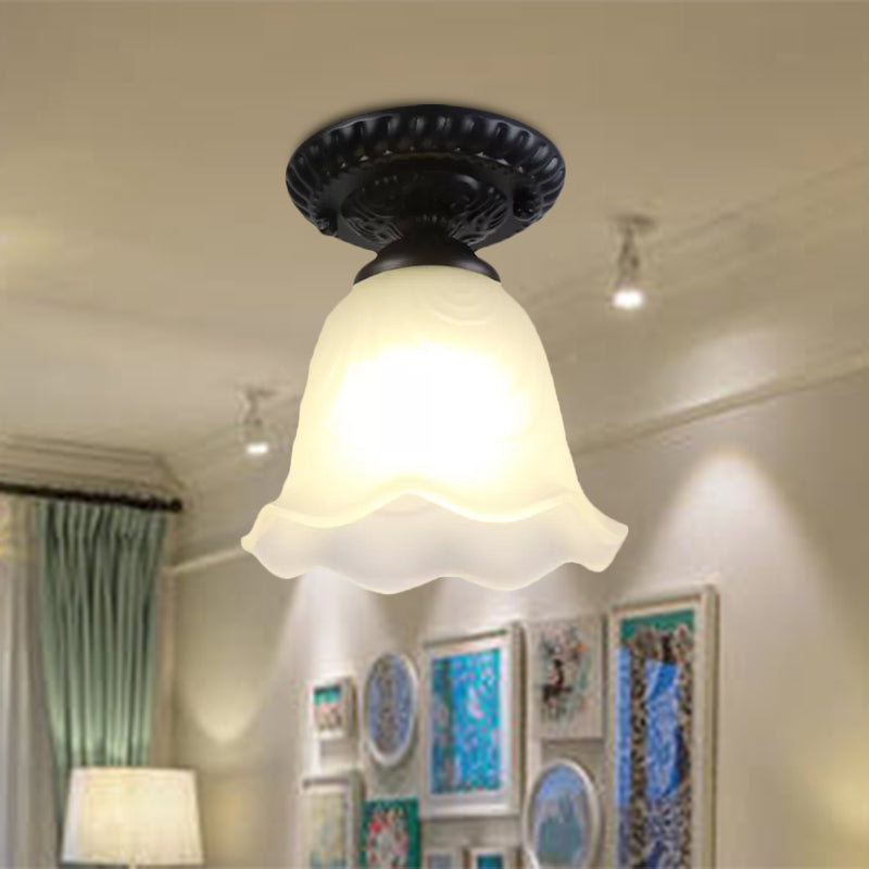 Industrial Black Semi Flush Ceiling Light With Milky Glass Shade – Perfect For Gallery