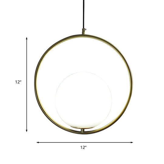 Retro Industrial Gold Suspension Light - Head Ring Pendant With Opal Glass Shade 12’/14’ Width