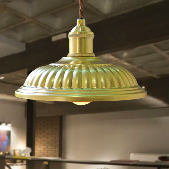 Vintage Style Brass Hanging Lamp With Ridged Bowl Shade - Metal 1 Head Pendant Light For Dining
