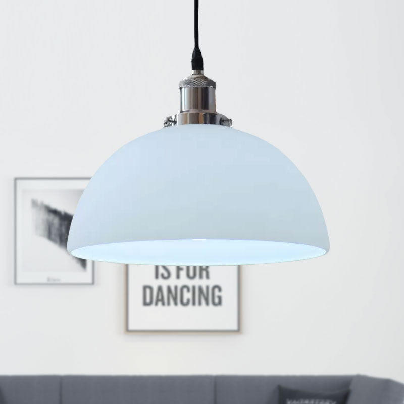 White Glass Industrial Pendant Light Fixture For Living Room With Chrome Dome Ceiling Mount
