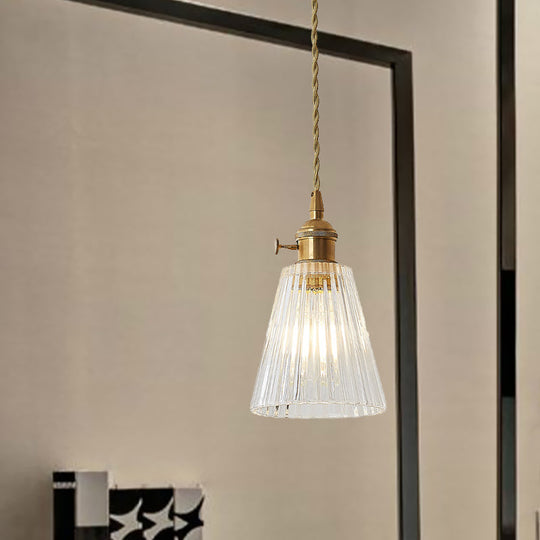 Modern Flared Clear Glass 1-Light Pendant Ceiling Light In Brass