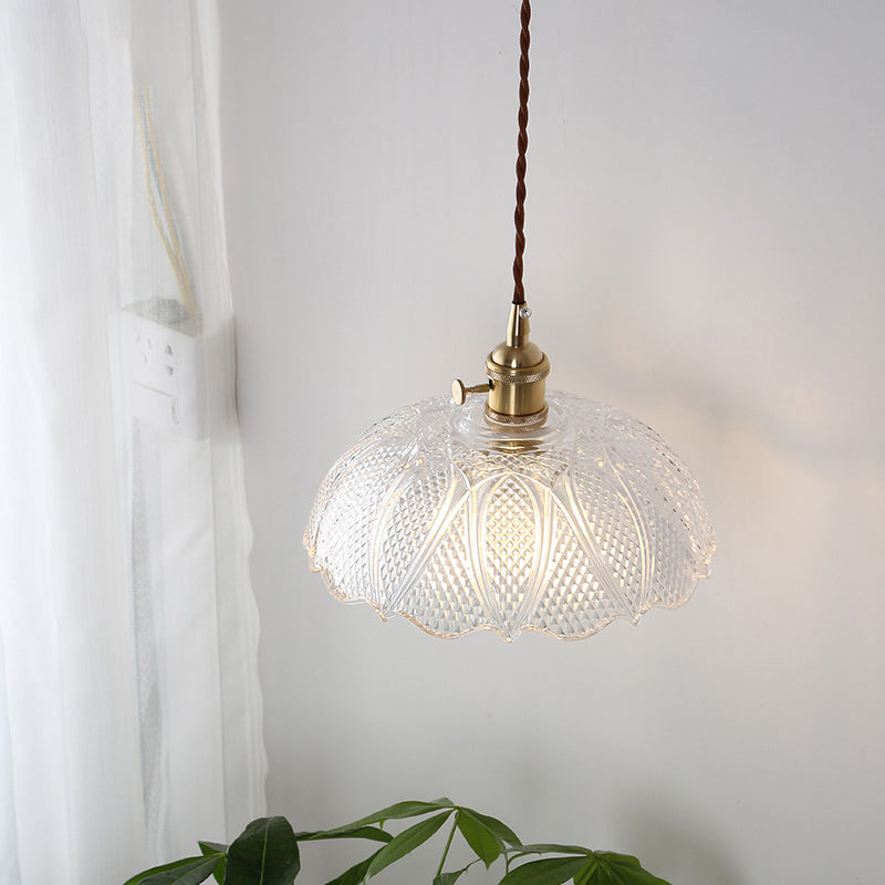 Modern Brass Pendant Lamp With Etched Prismatic Glass Dome For Living Room Lighting
