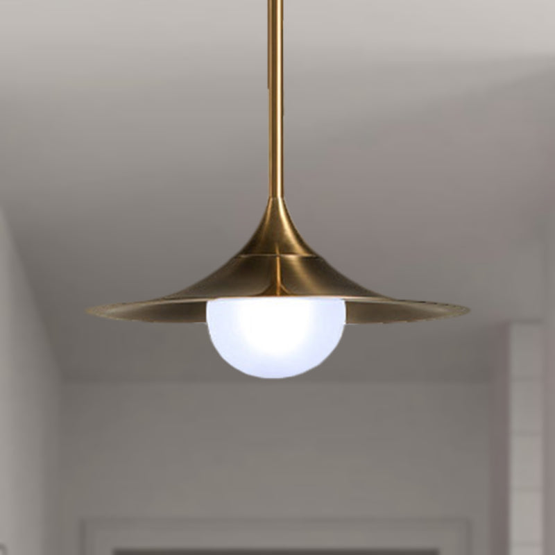 Mid Century Brass Flared Ceiling Light With Frosted Glass Shade - 1 Hallway Pendant