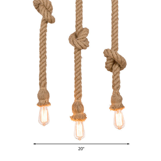 Country 3-Light Beige Rope Pendant With Open Bulb - Natural And Stylish Balcony Lighting