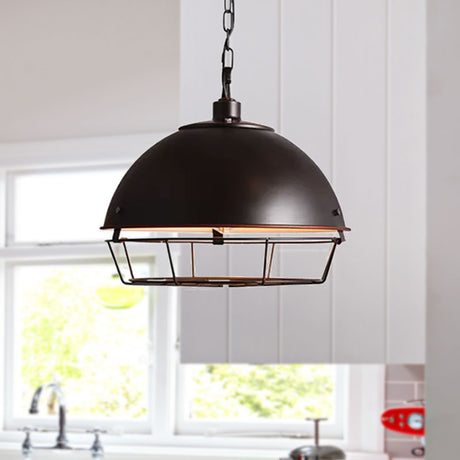 Vintage Dome Pendant Lamp - Iron Hanging Light Fixture For Dining Room In Black/Aged Silver