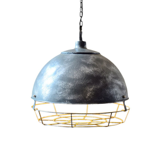 Vintage Dome Pendant Lamp - Iron Hanging Light Fixture For Dining Room In Black/Aged Silver