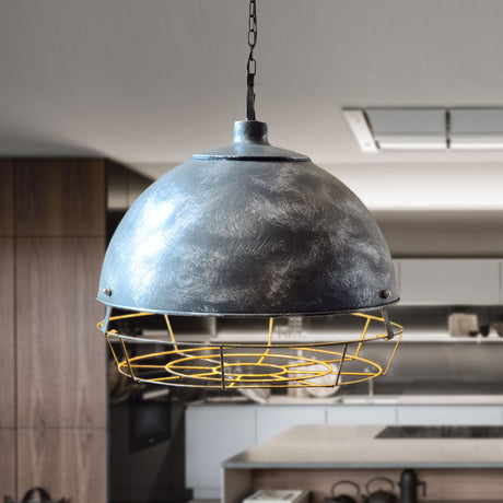 Vintage Dome Pendant Lamp - Iron Hanging Light Fixture For Dining Room In Black/Aged Silver