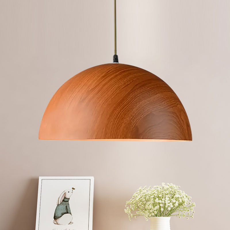 Contemporary Aluminum Domed Pendant Light With Wood Design - Brown Tones