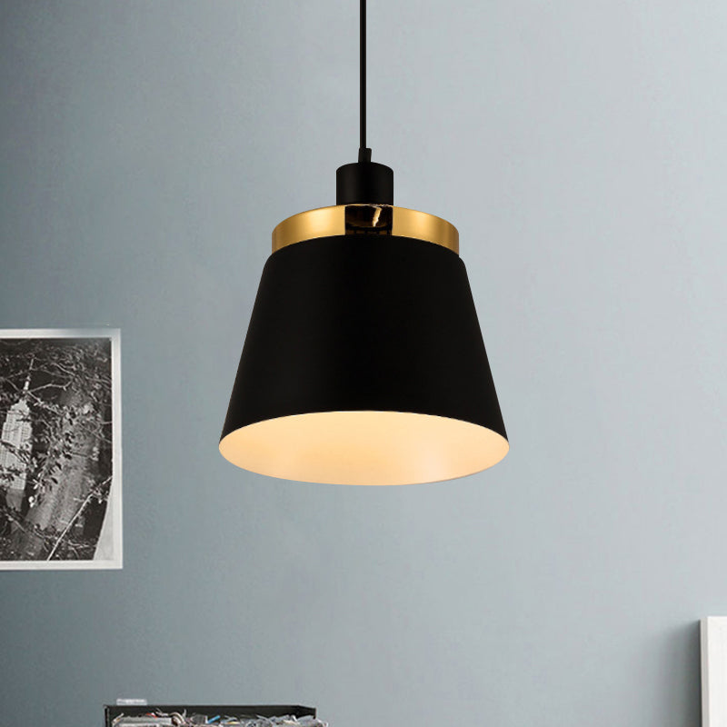 Modern Black Finish Barrel Shade Pendant Lamp - Metallic 1 Light Ceiling Fixture For Bedroom Hanging
