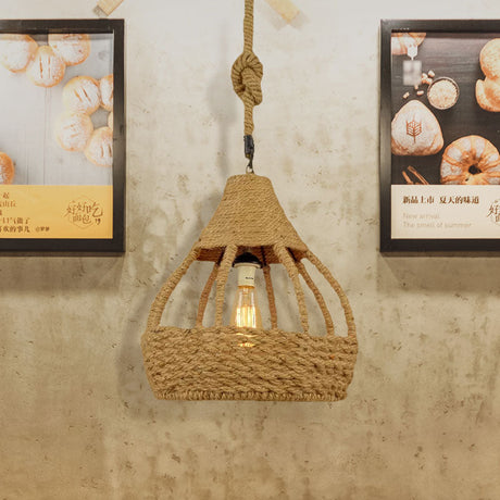 Rustic Brown Rope Dome Pendant Light For Country Balcony Suspension