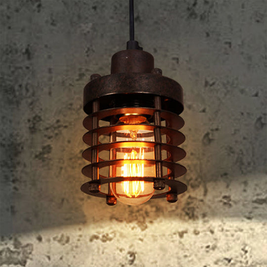 Industrial Pendant Light With Metallic Cage Shade - Matte Black/Rust Ideal For Table Lighting