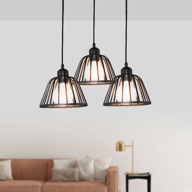 Black Metal Frame Dome Pendant With 3 Light Bulbs For Kitchen Ceiling
