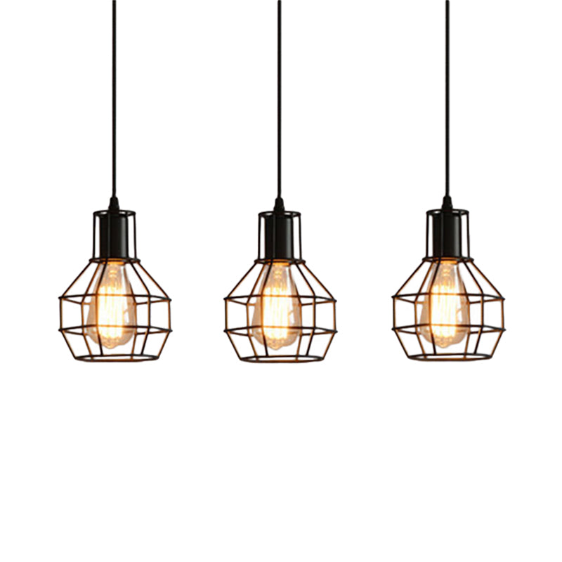 Industrial Matte Black Caged Pendant Light With Globe Shade - 3 Heads Metallic Finish For Dining