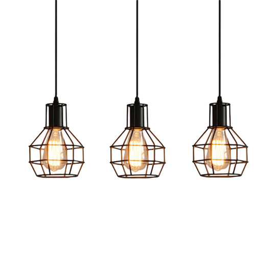 Industrial Matte Black Caged Pendant Light With Globe Shade - 3 Heads Metallic Finish For Dining