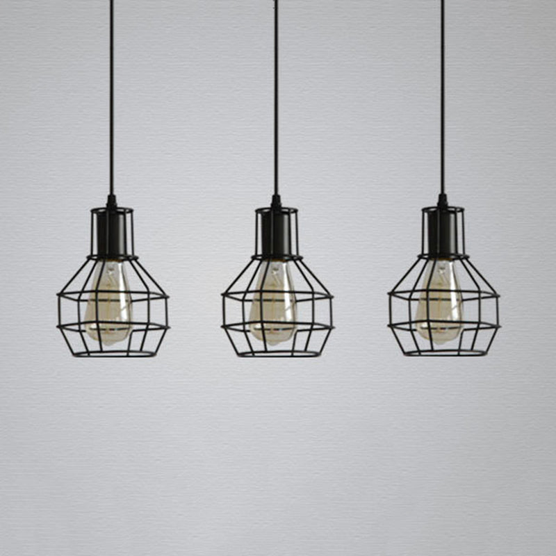 Industrial Matte Black Caged Pendant Light With Globe Shade - 3 Heads Metallic Finish For Dining