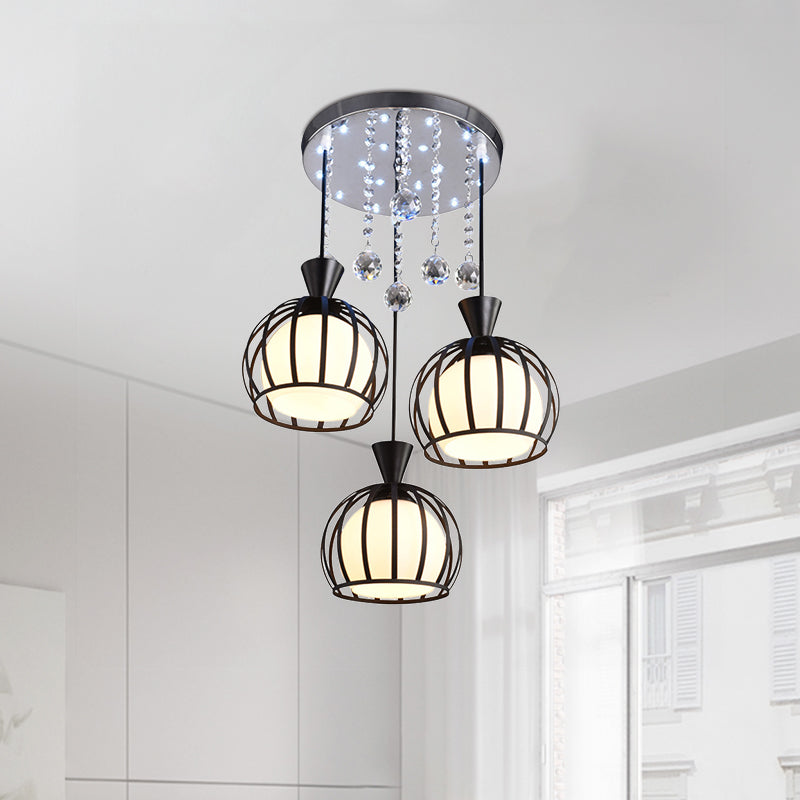 Retro Domed Cage Pendant Light With Clear Crystal Ball Deco - Stylish Metal Hanging Lamp (3 Lights)