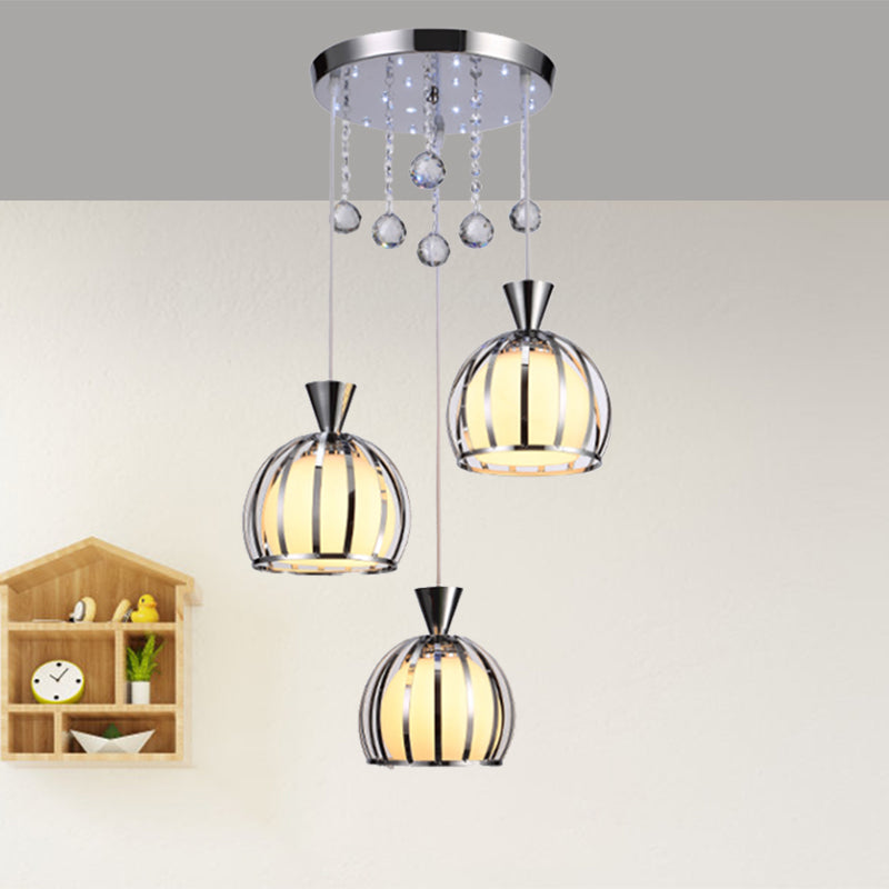 Retro Domed Cage Pendant Light With Clear Crystal Ball Deco - Stylish Metal Hanging Lamp (3 Lights)