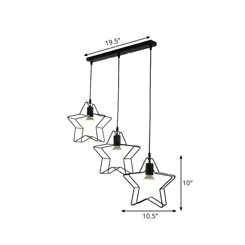 Retro Style Star Pendant Light With Wire Guard Perfect For Coffee Shops - Black Metal Finish 3 Heads