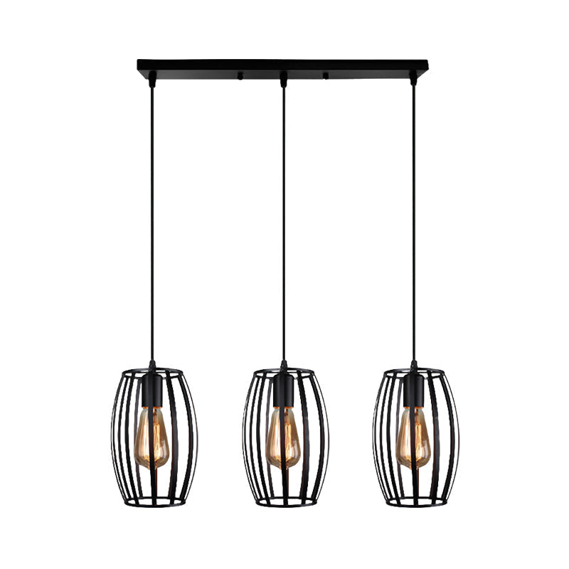 Modern Oval Pendant Light With Cage Shade - Black/White 3 Lights Indoor Hanging Ceiling Fixture