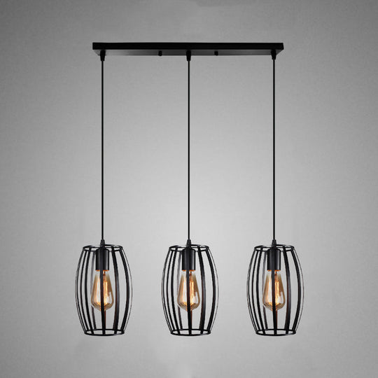 Modern Oval Pendant Light With Cage Shade - Black/White 3 Lights Indoor Hanging Ceiling Fixture