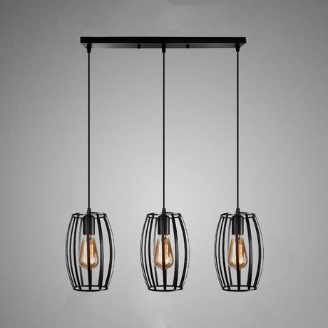 Black/White Oval Pendant Light Loft Style 3-Light Indoor Ceiling With Cage Shade