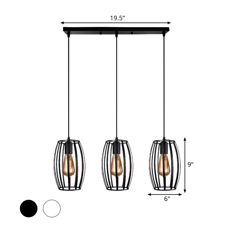 Modern Oval Pendant Light With Cage Shade - Black/White 3 Lights Indoor Hanging Ceiling Fixture