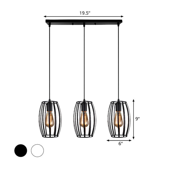 Black/White Oval Pendant Light Loft Style 3-Light Indoor Ceiling With Cage Shade