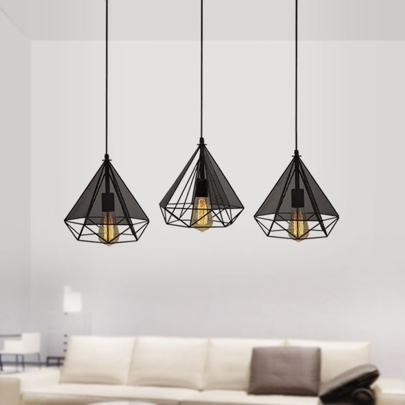 Retro-Style Black Diamond Hanging Light With 3 Metallic Heads - Dining Room Pendant Lighting