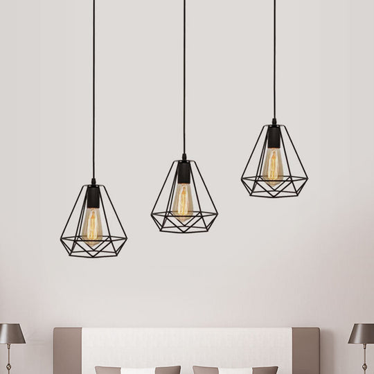 Vintage Industrial Metal Teardrop Cage Pendant Light With 3 Lights For Living Room - Black