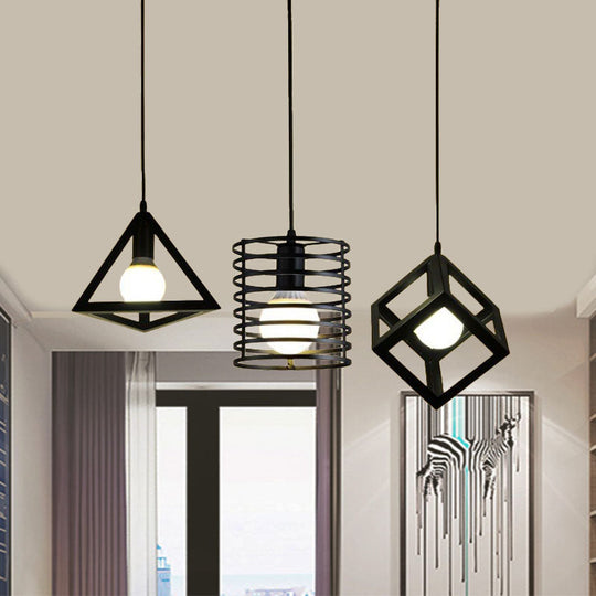 Industrial Metal Black Pendant Lamp With Wire Cage 3 Bulbs And Stylish Hanging Lighting For