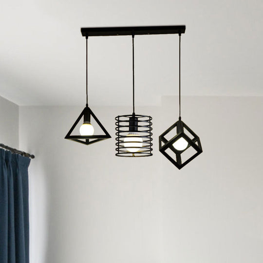 Industrial Metal Black Pendant Lamp With Wire Cage 3 Bulbs And Stylish Hanging Lighting For
