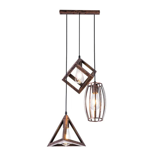 Antique Style Wrought Iron Pendant Lamp - 3-Head Caged Design For Dining Room Ceiling Rust Finish