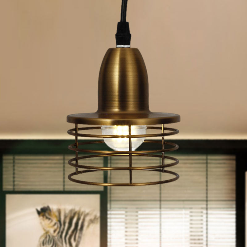 Industrial Retro Pendant Lighting: 1-Light Drum With Wire Cage Shade For Kitchen Ceiling