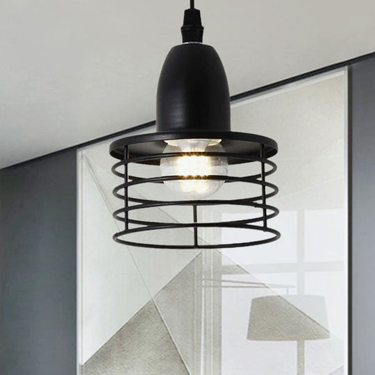 Industrial Retro Pendant Lighting: 1-Light Drum With Wire Cage Shade For Kitchen Ceiling
