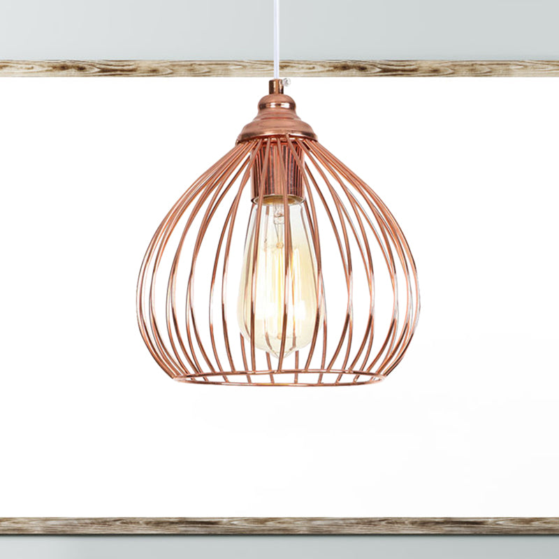 Industrial Rose Gold Gourd Pendant Light With Wire Guard - Single Hanging Ceiling