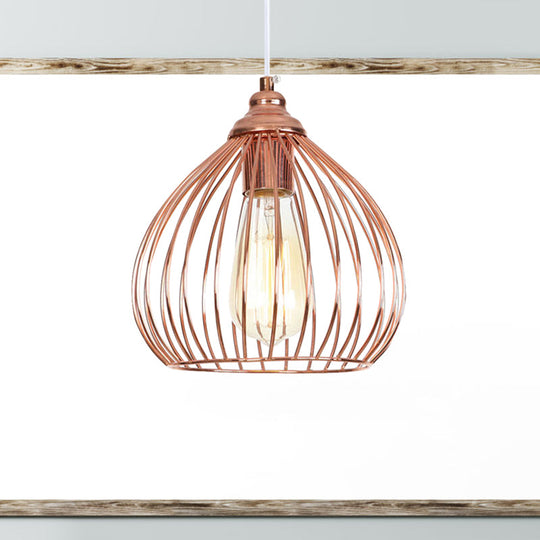 Industrial Rose Gold Gourd Pendant Light With Wire Guard - Single Hanging Ceiling